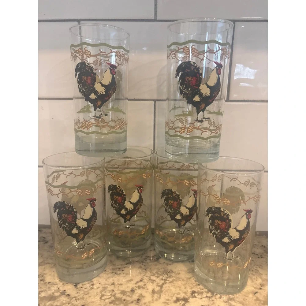 Vintage Rooster Farmhouse Juice Glasses Set of 6 Country Kitchen Tumblers